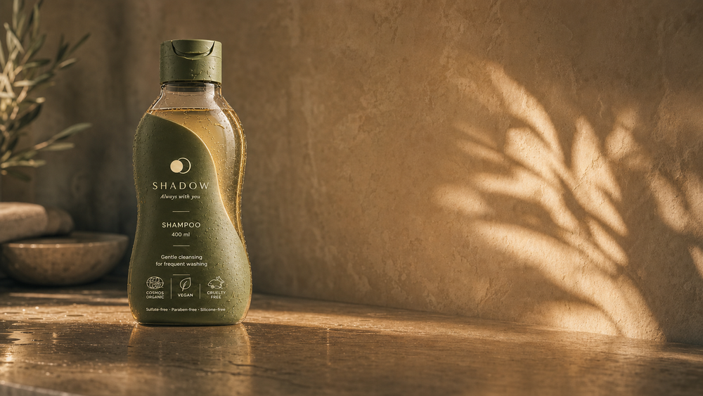 SHADOW Daily Shampoo-flasken med gyldenbrun væske og mørk olivengrøn etiket, fuldt synlig, i et varmt premium badeværelse med bladskygger