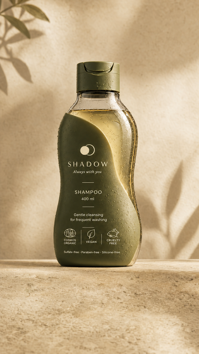 SHADOW Daily Shampoo på stenhylde ved et brusebad i varmt morgenlys med bladskygger